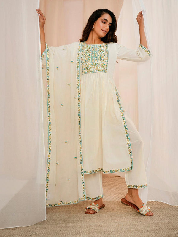 Off White Yoke Design Cotton A-Line Kurta With Palazzos & Dupatta - Jashvi