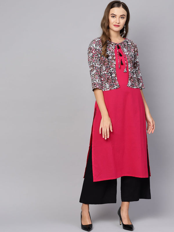 Women's Red Cotton Printed 3/4 Sleeve Round Neck Casual Kurta Only - Myshka