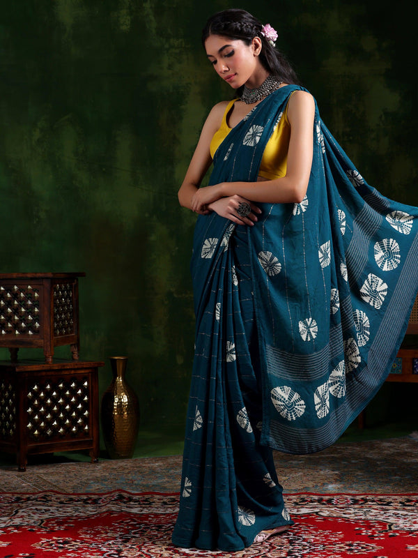 Teal Printed Poly Chiffon Saree With Unstitched Blouse Piece