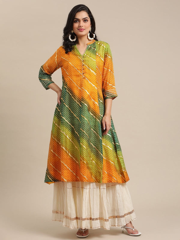 Women's Mustard And Lime Bandhej Foil Printed Anarkali Kurta - Varanga