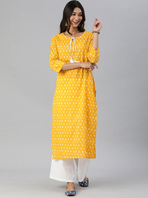 Women's KSUT Mustard And White Ikkat Printed Straight Kurta With Dori And Tassel Detailing On Neckline - Varanga