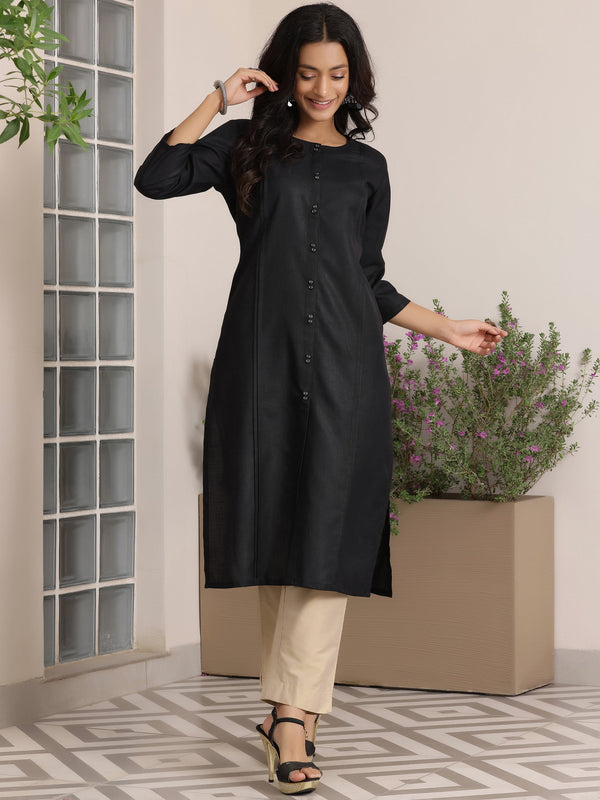 Black Solid Silk Straight Kurta