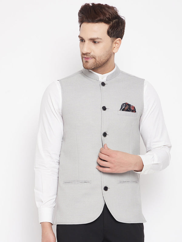 Men's Grey Color Nehru Jacket-Contrast Lining-Free Pocket Square - Even Apparels