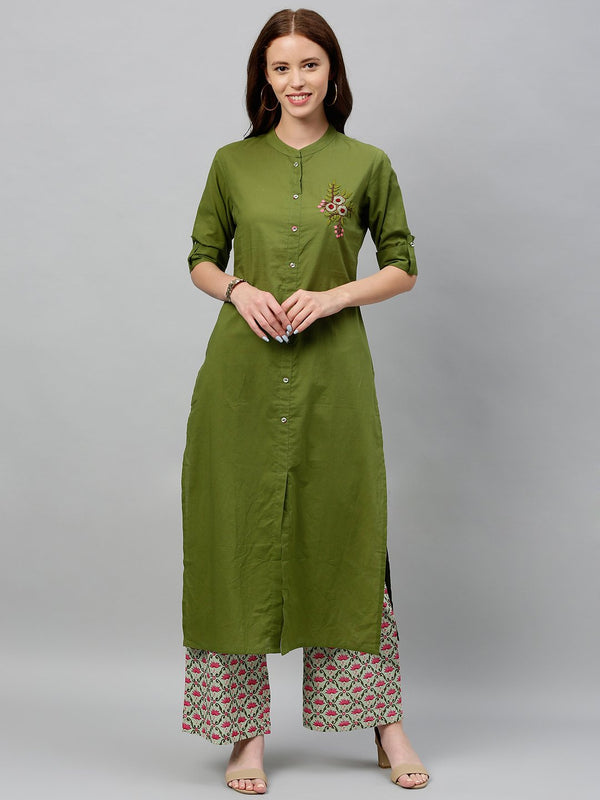 Women's Olive Green Cotton Kurta With Palazzo by Kipek (2pcs Set)