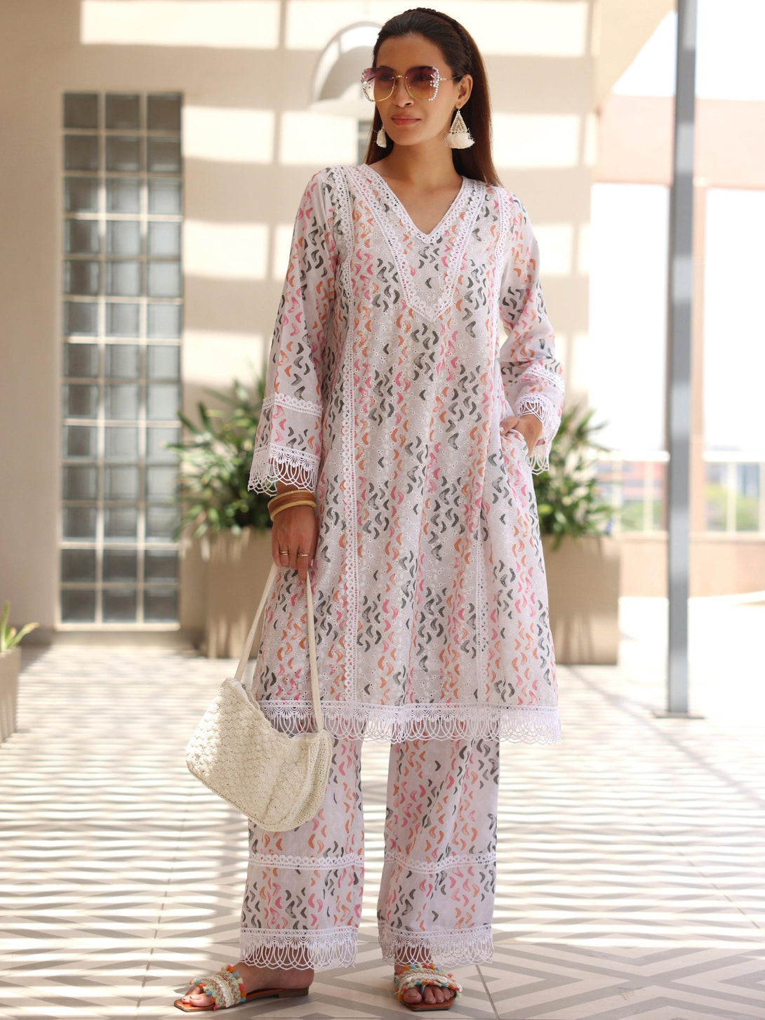 Off white Printed Cotton A-Line Kurta With Palazzos - Jashvi