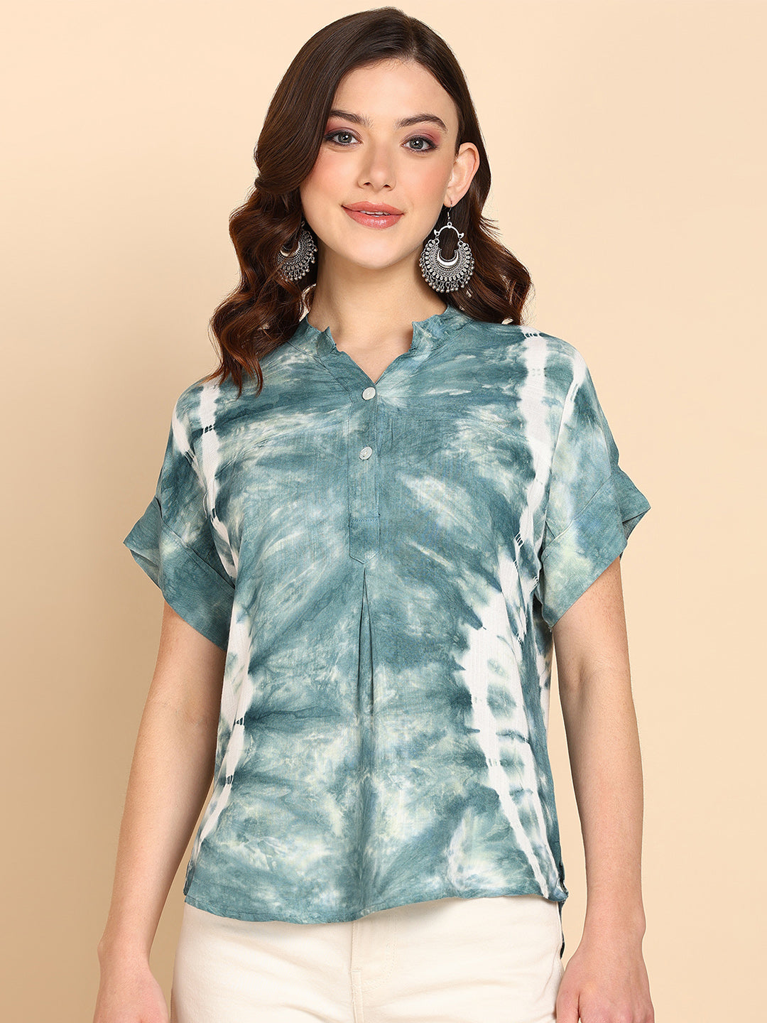 Women's Rayon Sea Green Tie & Dye Top - Maaesa