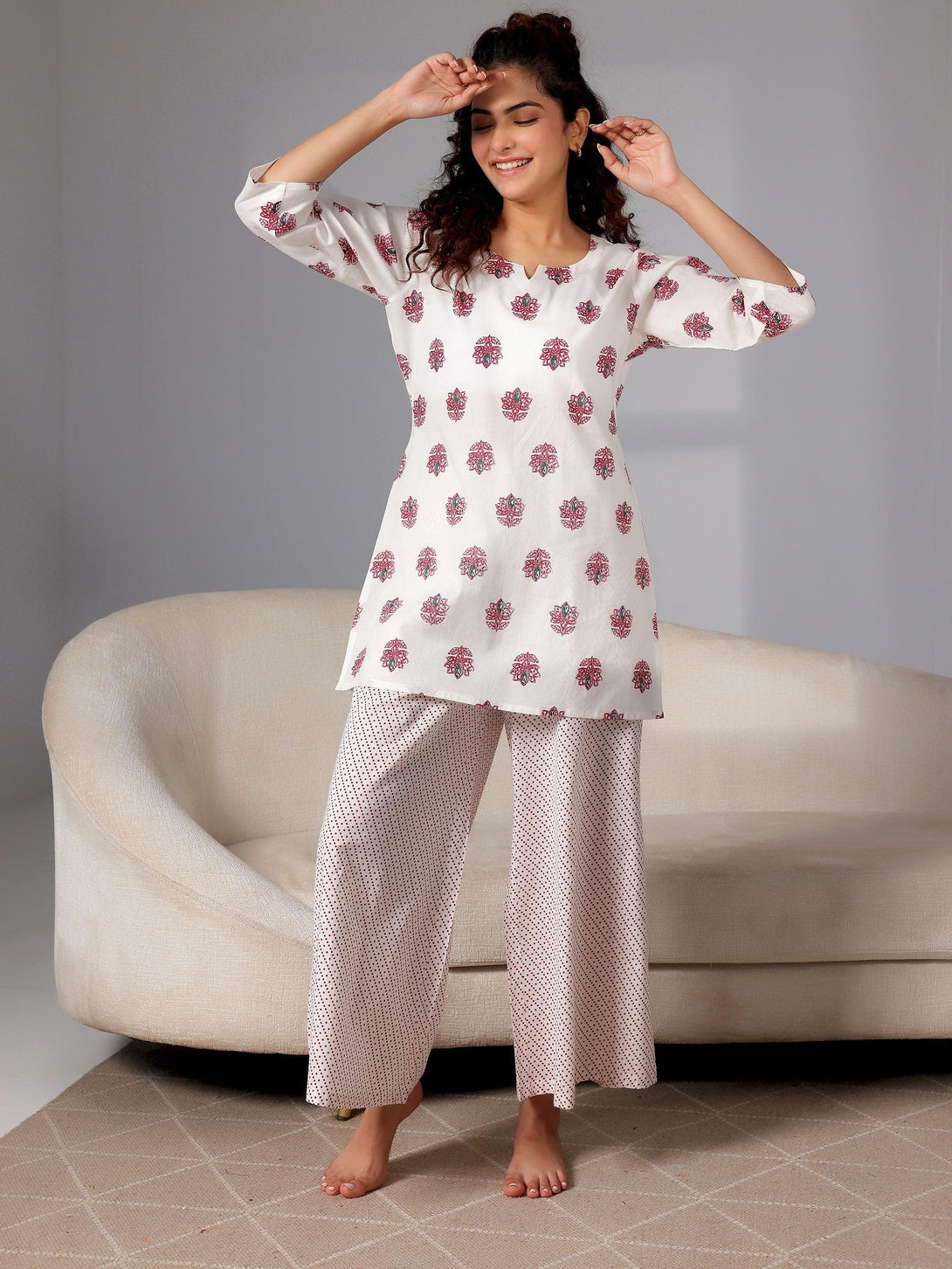 Cream Printed Cotton Night Suits - Jashvi