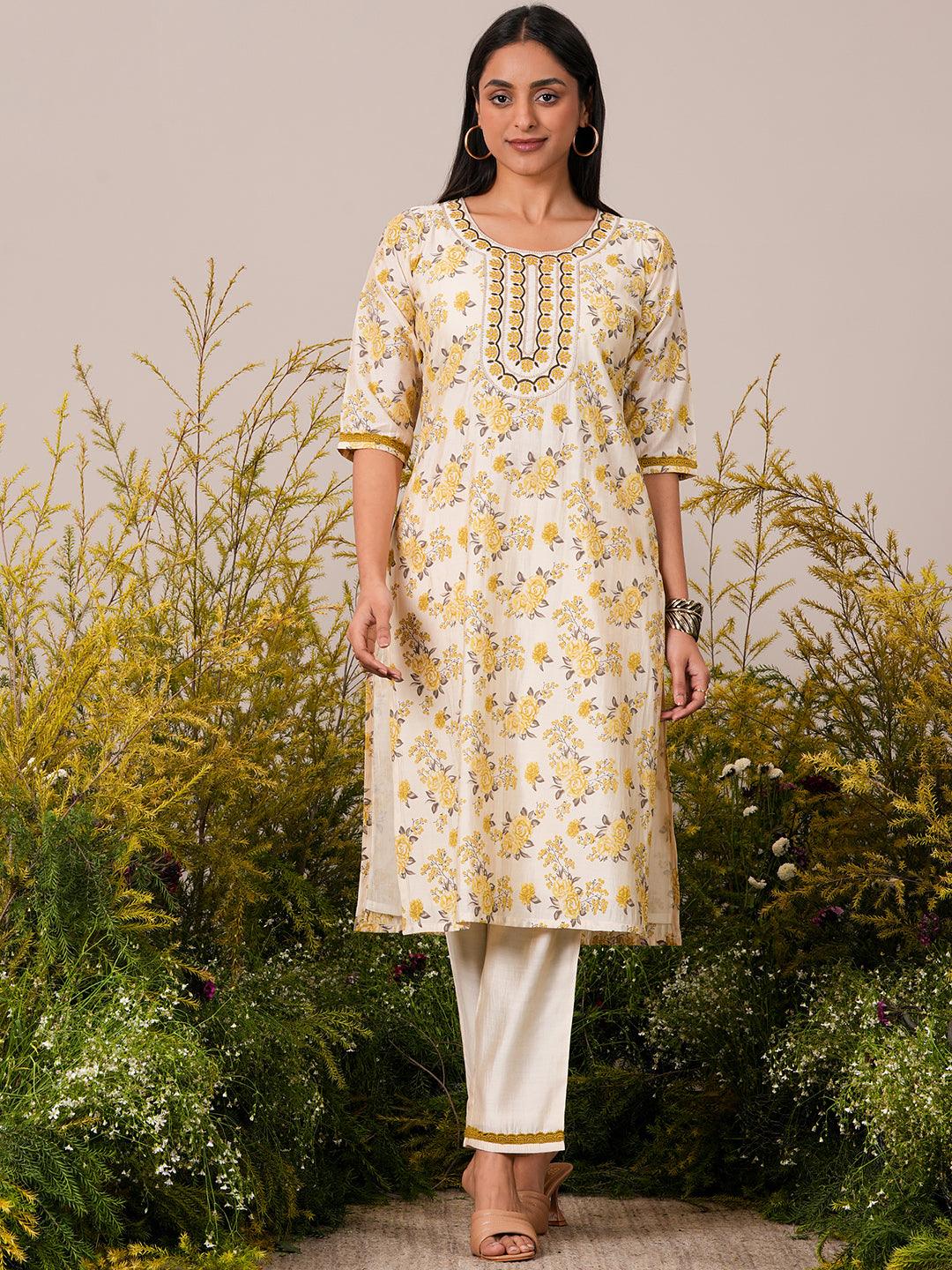 Beige Printed Chanderi Silk Straight Kurta Set - Jashvi