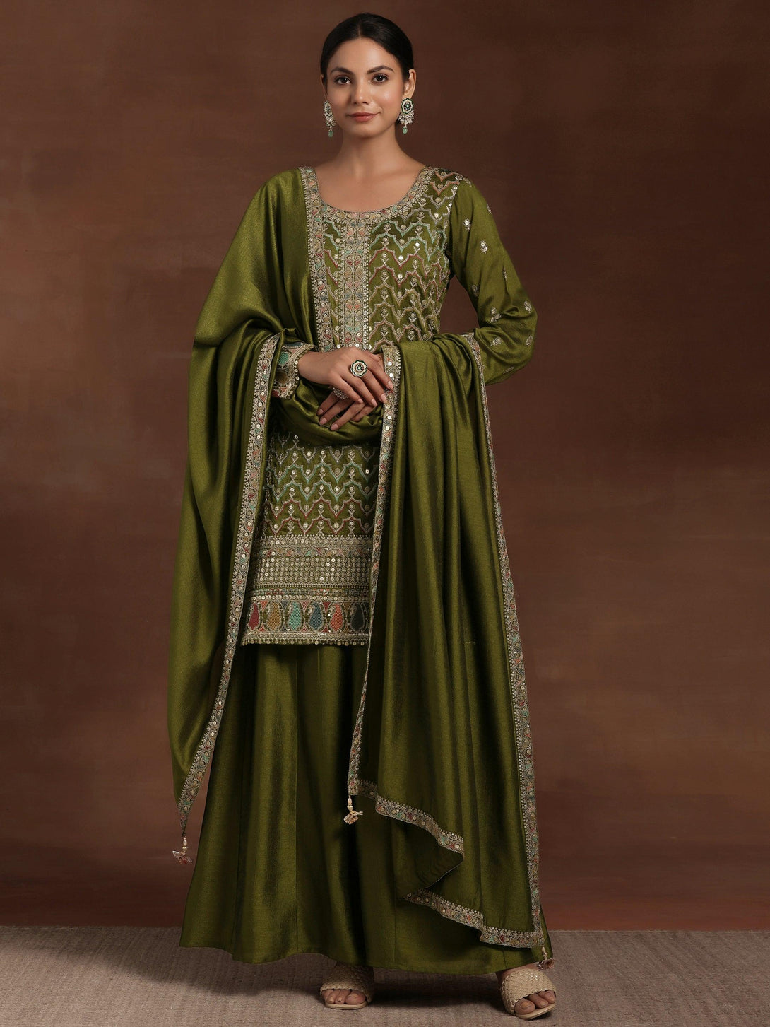 Olive Embroidered Silk Blend Straight Kurta With Palazzos & Dupatta - Jashvi