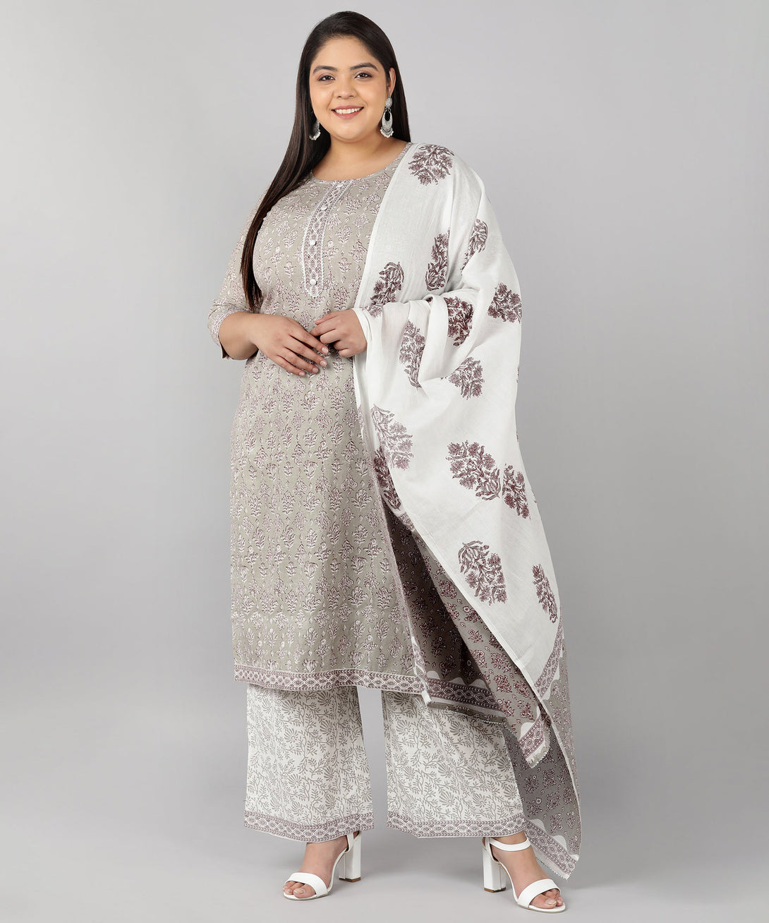 Women's Cotton Printed Straight Kurta Set (Grey) - Kipek