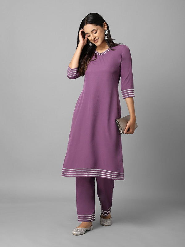 Women's Solid Purple Side Slit Straight Kurta And Palazzo Set - Azira