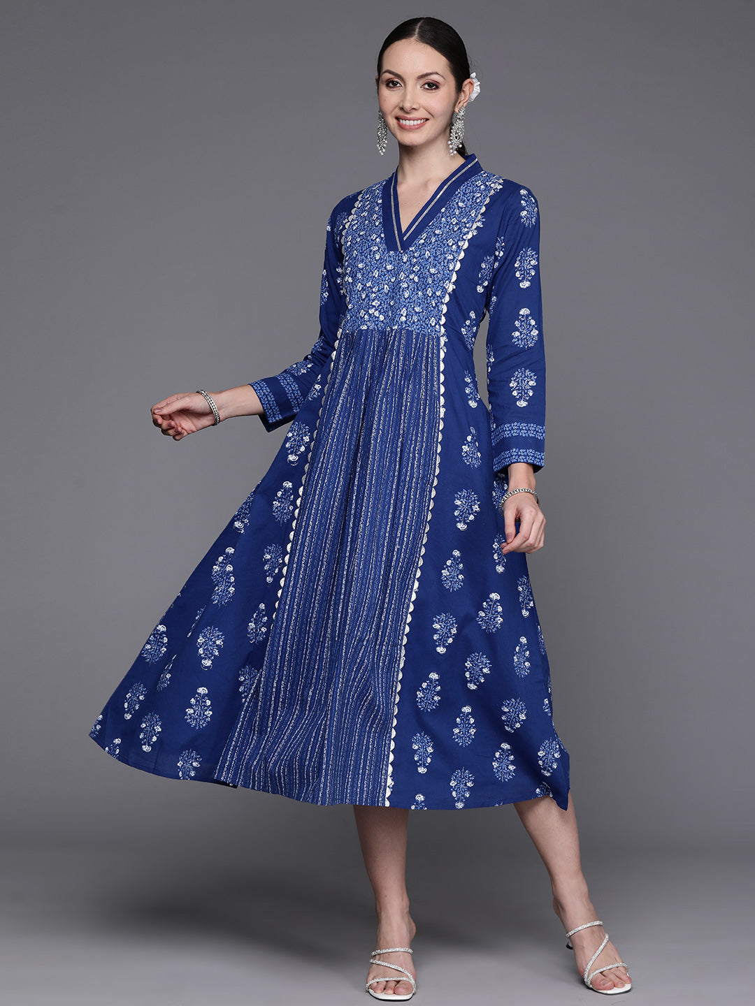 Women's Floral Print Midi Pure Cotton Ethnic Dress With Lace Inserts Detail - Ahalyaa