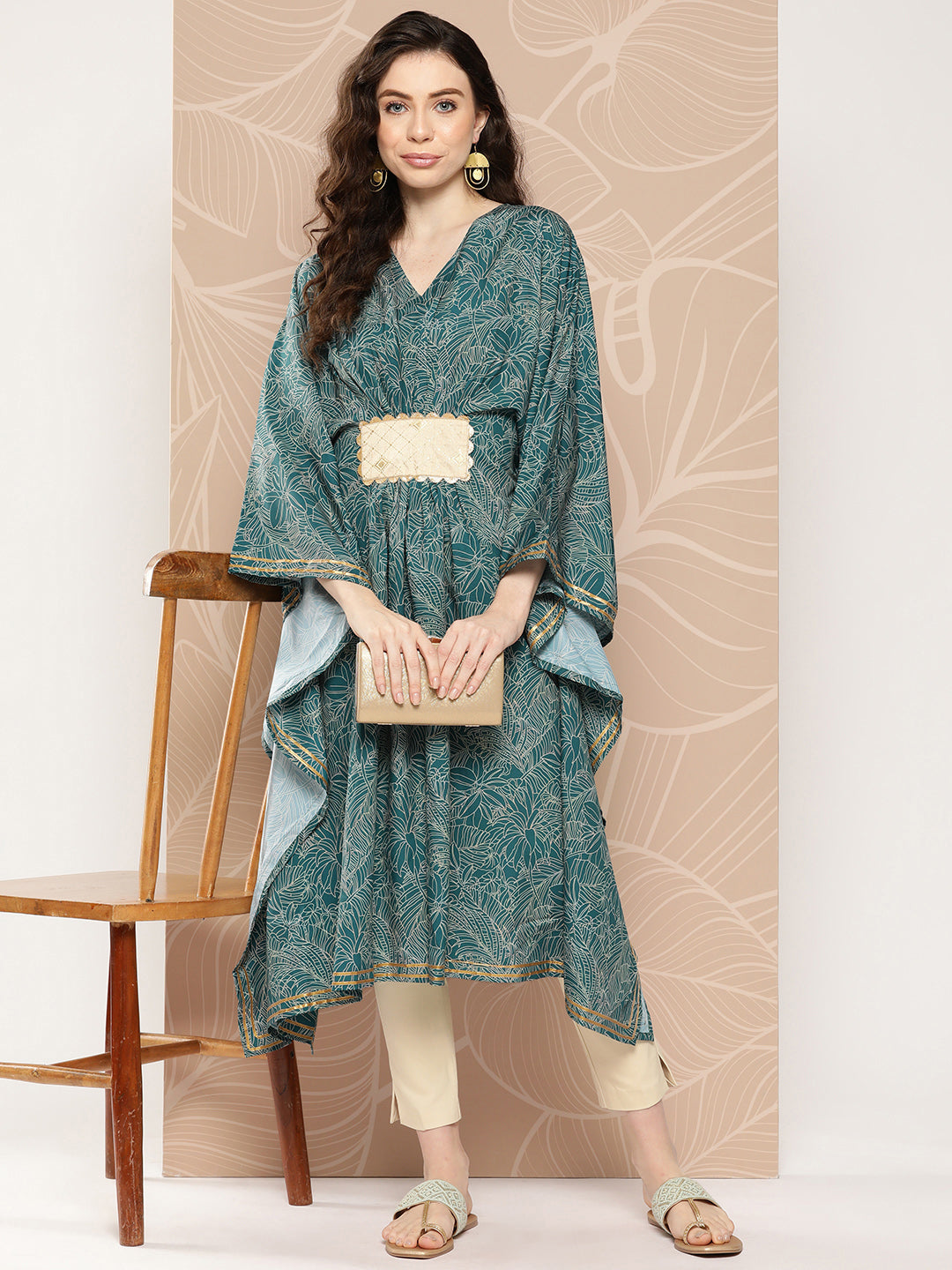 Women's Floral Printed Flared Sleeves Patchwork Belted Detail Crepe Kaftan Kurta - Ahalyaa