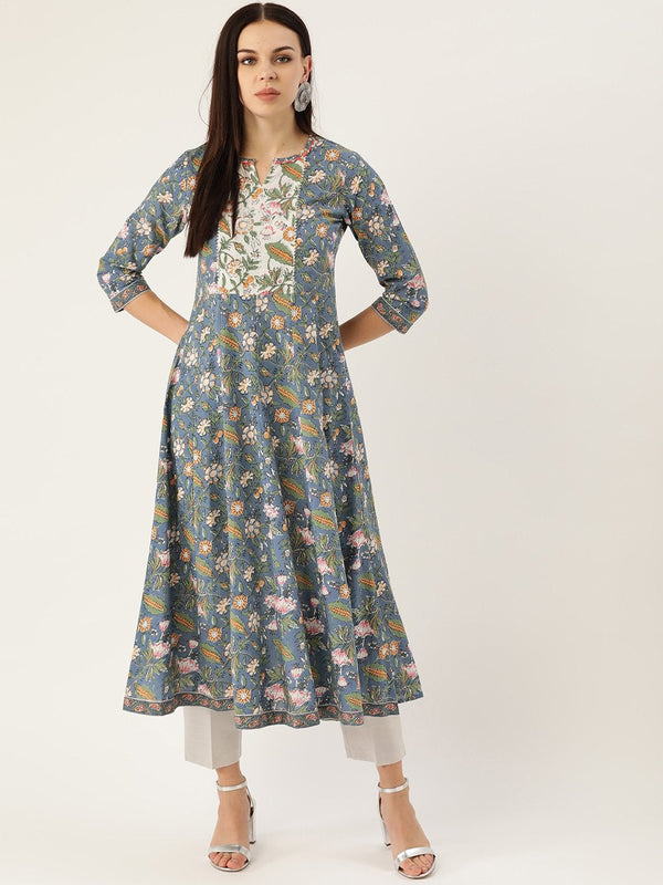 Women's Blue Cotton Anarkali Kurta - Maaesa