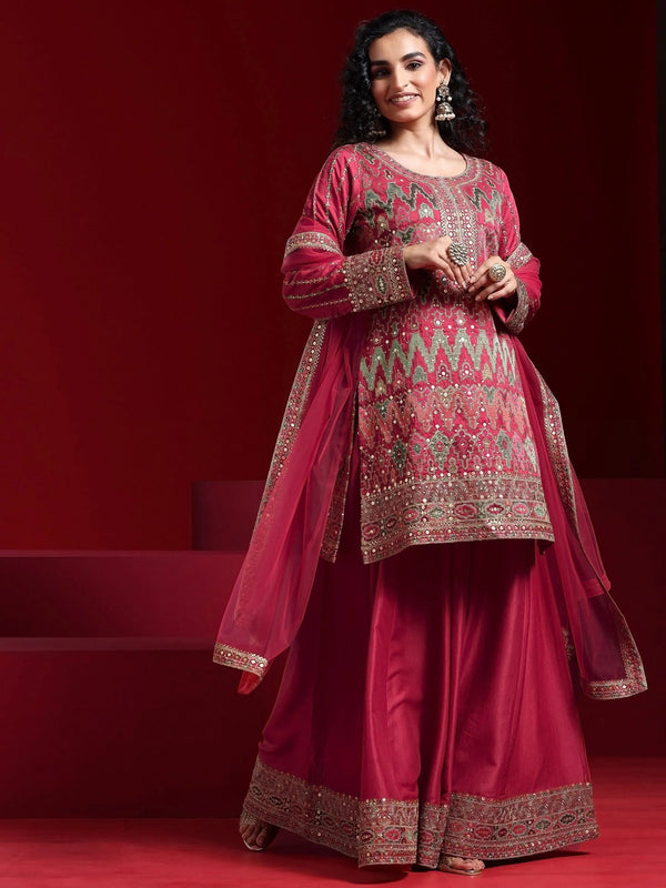 Jashvi Art Coral Embroidered Silk Blend Straight Suit With Dupatta