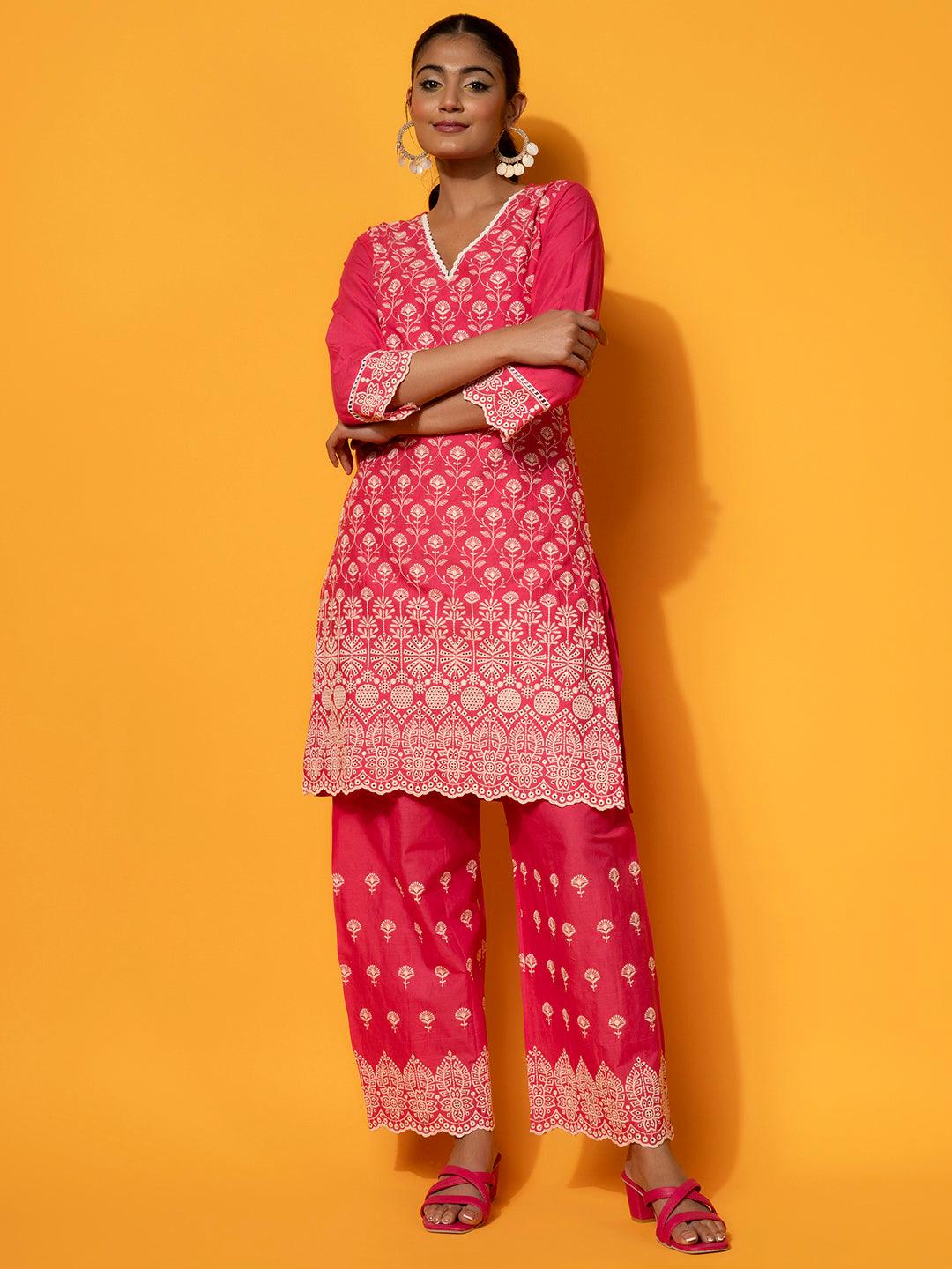 Pink Embroidered Cotton Co-Ords - Jashvi