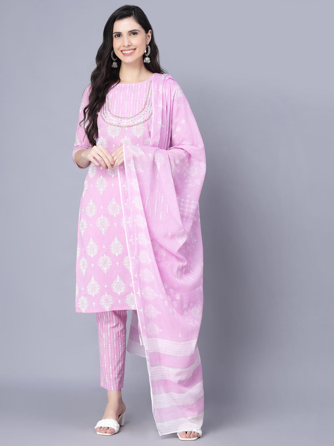 Women's Cotton Printed 3/4 Sleeve Round Pink  Women Kurta Set - Myshka