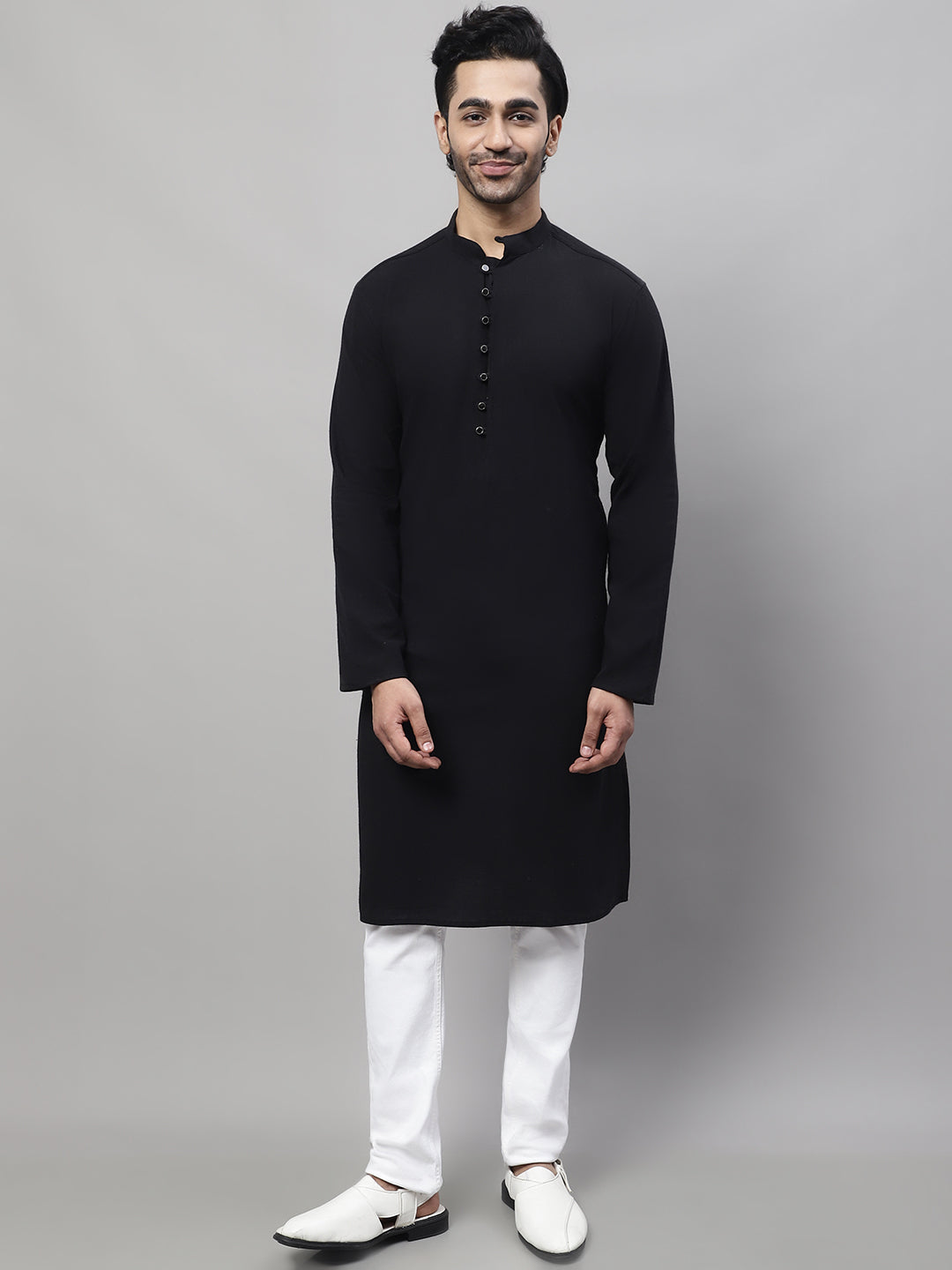 Men's Black Pure Cotton Kurta With Band Collar - Even Apparels