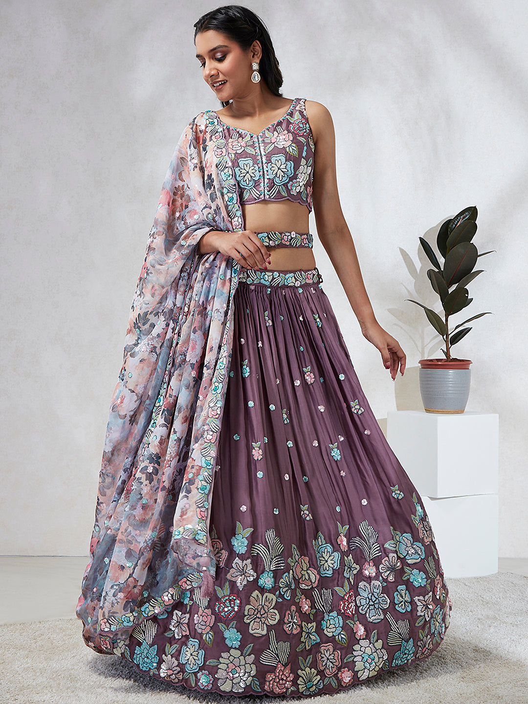 Women's Lavender Georgette Sequins And Thread Embroidery  Lehenga Choli & Dupatta - Royal Dwells