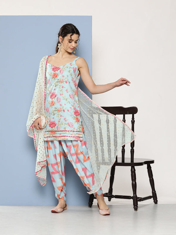 Blue Floral Printed Gotta Patti Kurti With Dhoti Pants & With Dupatta