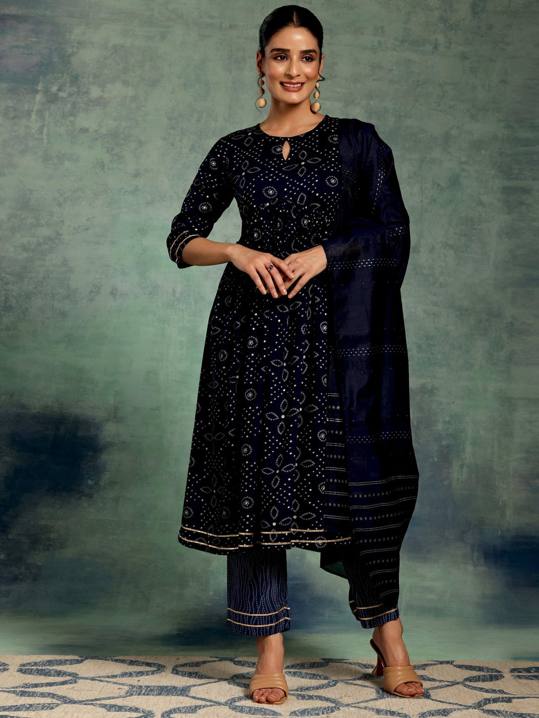 Blue Printed Rayon A-Line Kurta With Palazzos & Dupatta - Jashvi