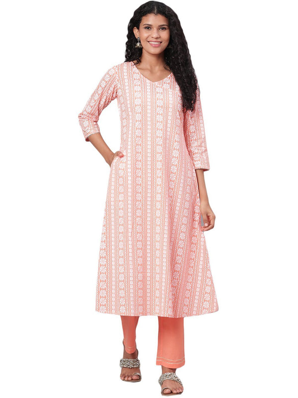 Women Peach Printed Cotton Kurta & Pant Set by Myshka (2 Pc Set)