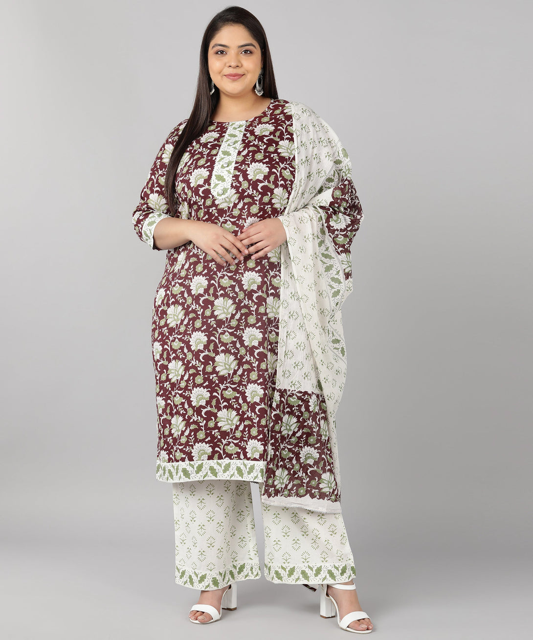 Women's Cotton Printed Flared Kurta Set (Maroon) - Kipek