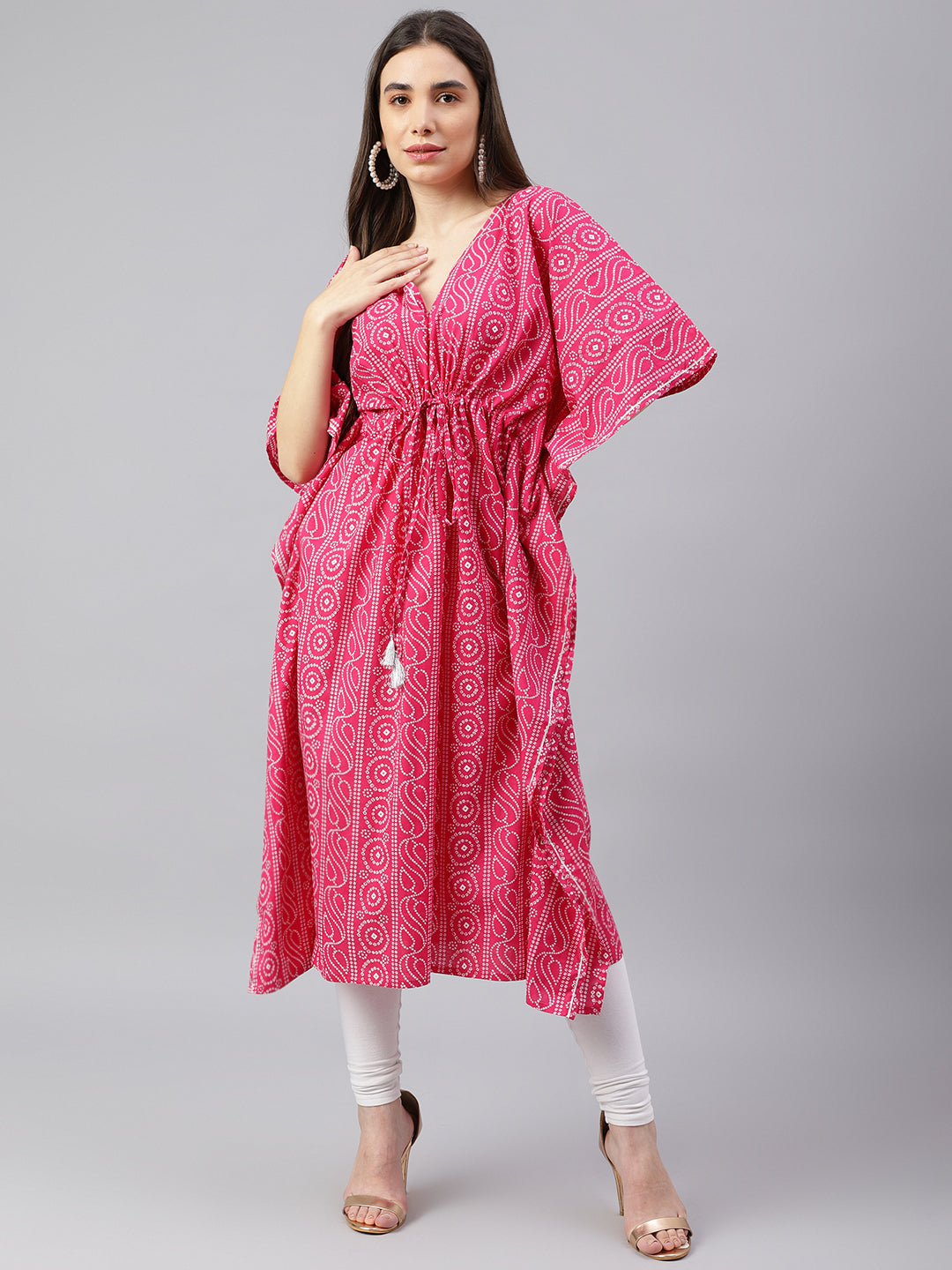 Women's Pink Bandhej Print Kaftan Kurta - Deckedup