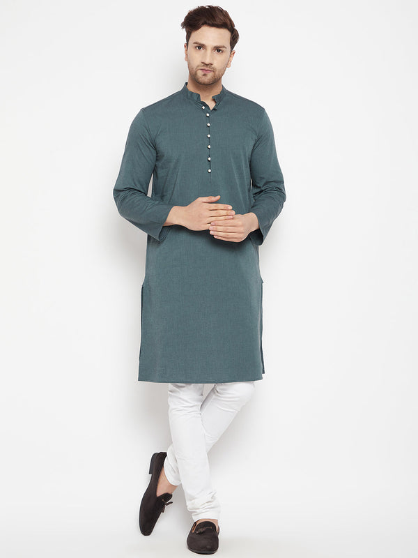 Men's Green Color Long Kurta with Band Collar - Even Apparels