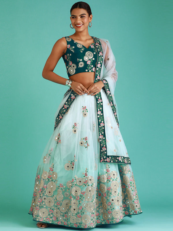 Women's Turquoise Blue Net Sequince Work Lehenga & Blouse, Dupatta - Royal Dwells