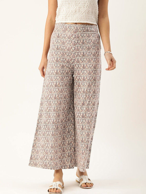 Women's KSUT Beige & Black Printed Wide Leg Palazzos - Varanga