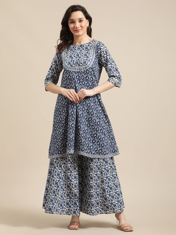 Women's Indigo And White Floral Printed Flared Kurta Sharara Set - Varanga