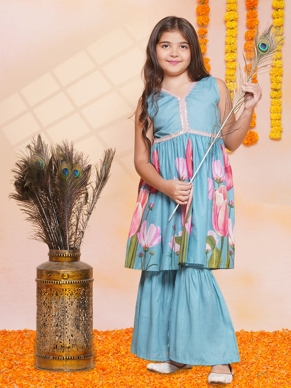 Jashvi Girls Turquoise Blue Printed Alia Design Kurta & Sharara