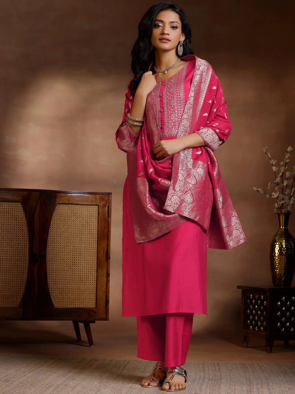 Pink Yoke Design Silk Blend Straight Suits With Dupatta