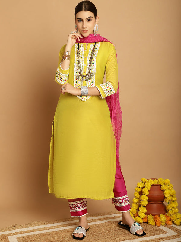 Women's Lemon Yellow Chanderi Trouser Dupatta Set - Taantav