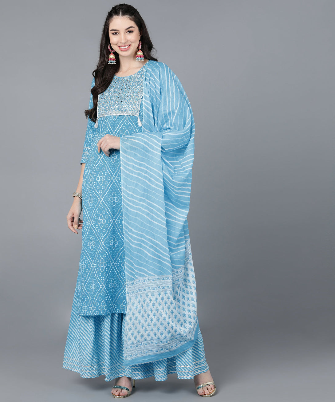 Women's Cotton Lehriya Print Straight Kurta Set (Blue) - Kipek