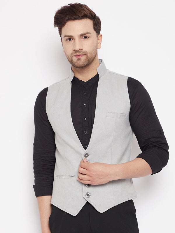 Men's Grey Color Woven Nehru Jacket - Even Apparels