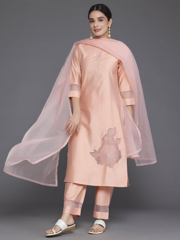 Peach Solid Silk Blend Straight Suit With Dupatta