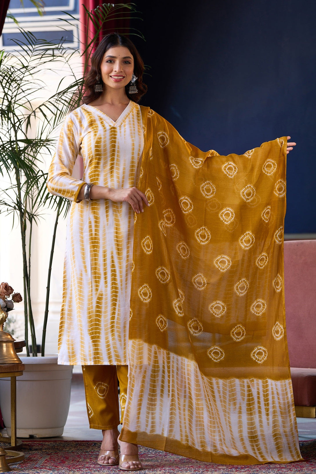 Women's Yellow Printed Viscose Rayon Kurta, Pant And Dupatta Set - Alvami