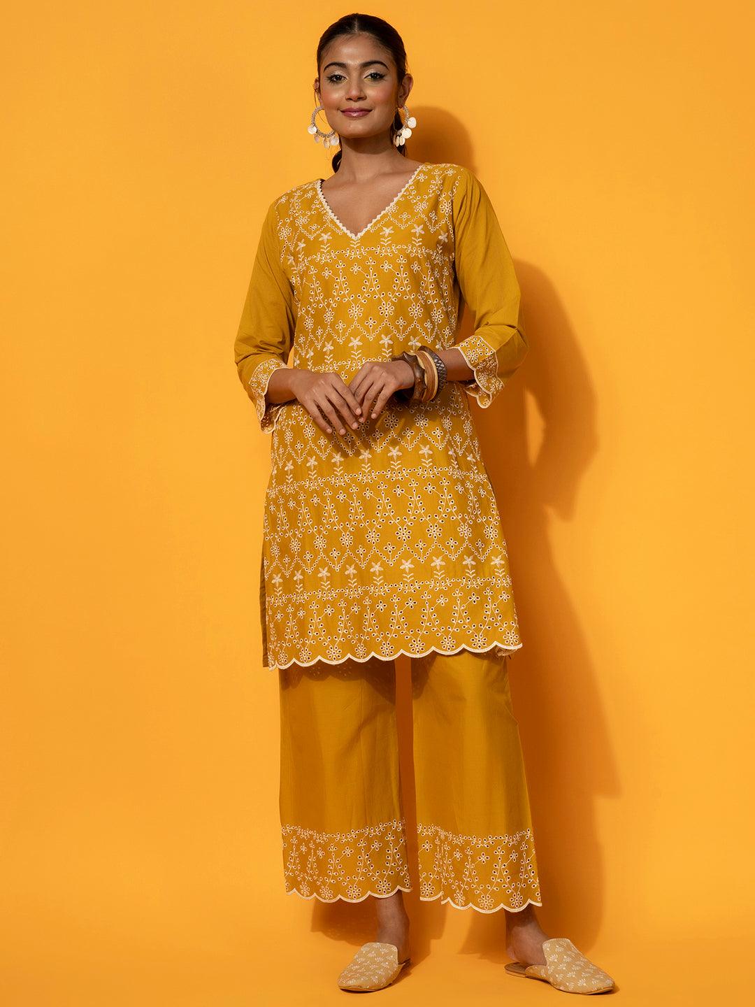 Mustard Embroidered Cotton Co-Ords - Jashvi