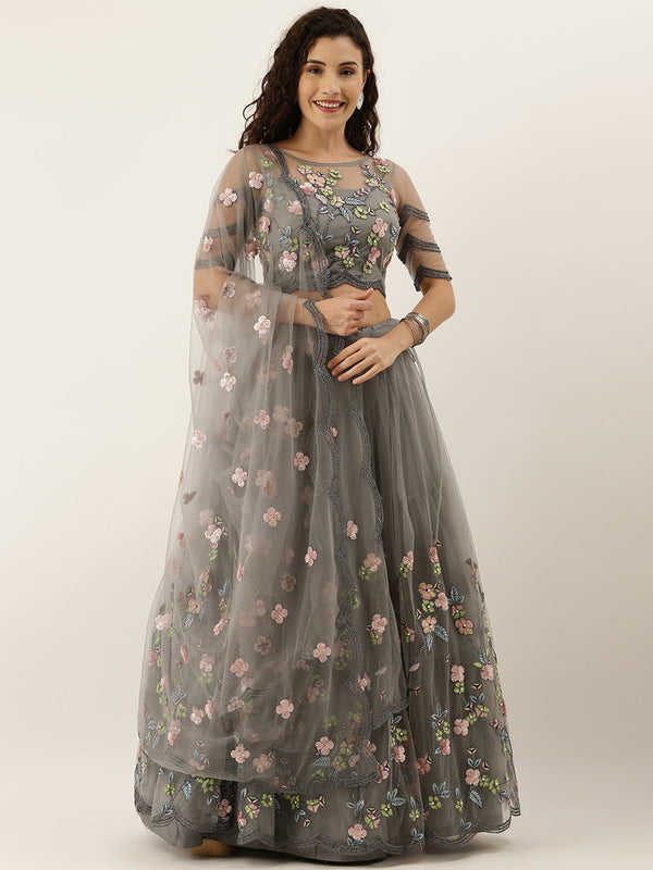 Women's Grey Net  Coding And Sequince Work Lehenga Choli - Royal Dwells