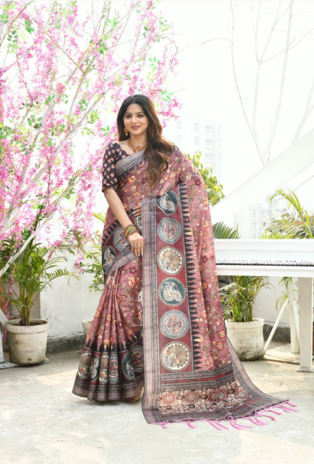 Women's Pink Printed Cotton Silk Saree with Tassels - Vishnu Weaves