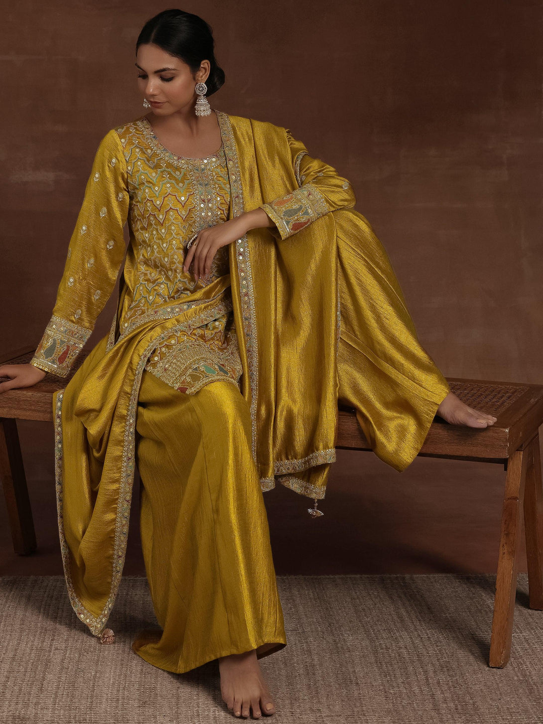 Mustard Embroidered Silk Blend Straight Kurta With Palazzos & Dupatta - Jashvi