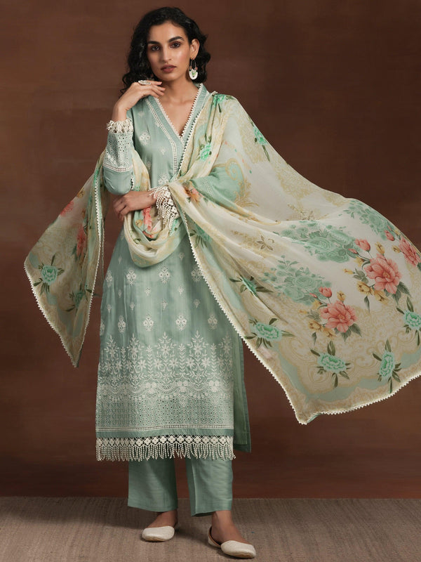 Green Embroidered Silk Blend Straight Suit With Dupatta - Jashvi