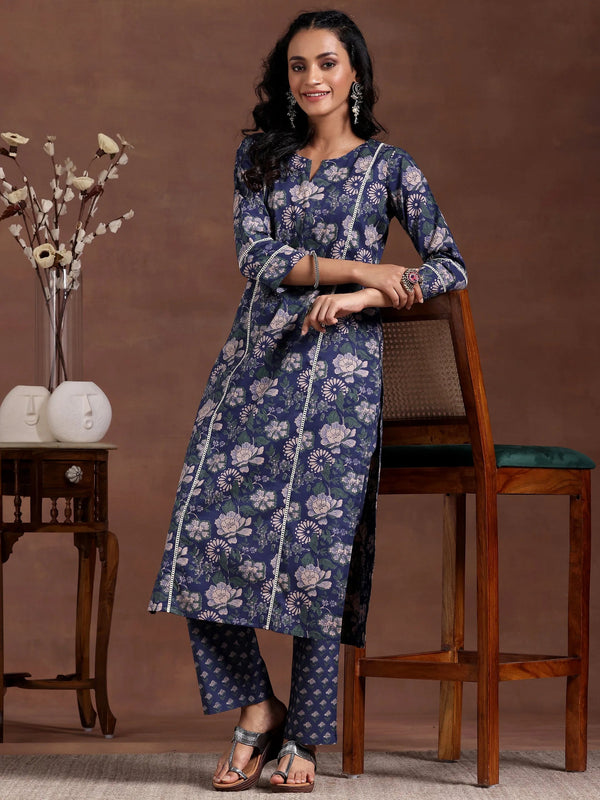 Blue Printed Cotton Straight Kurta Set