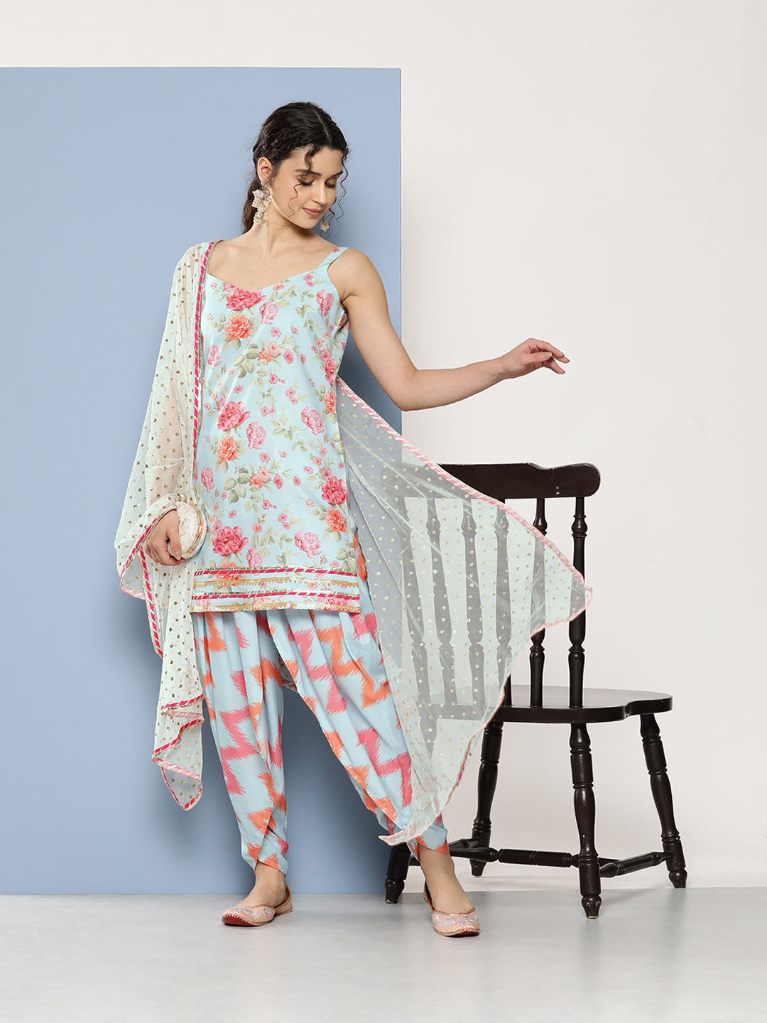 Women's Sky Blue Poly Crepe Kurta Dhoti Pants Set With Dupatta - Ahalyaa