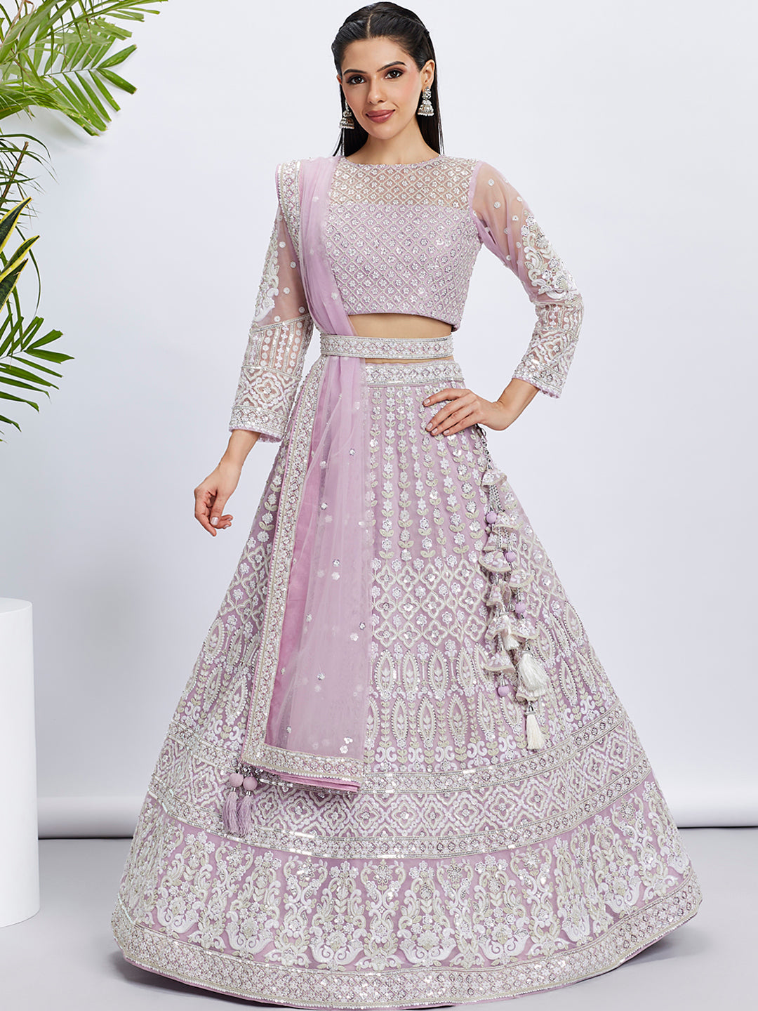 Women's Lavender Net Sequins And Thread Embroidery Lehenga Choli & Dupatta - Royal Dwells