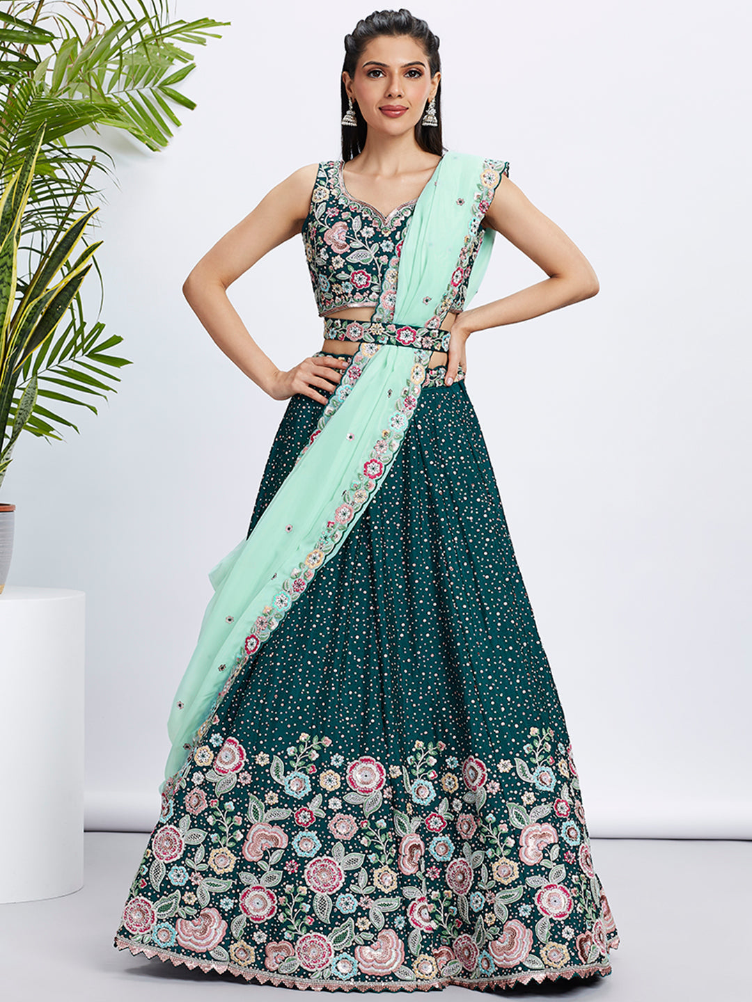 Women's Green Pure Chiffon Sequins And Thread Embroidery Lehenga Choli & Dupatta - Royal Dwells