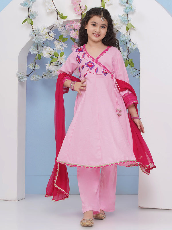 Jashvi Girls Pink Embroidered Angrakha Kurta with Trousers with dupatta