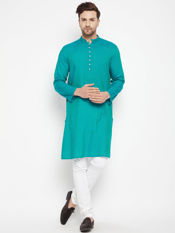 Men's Green Color Long Kurta with Band Collar - Even Apparels